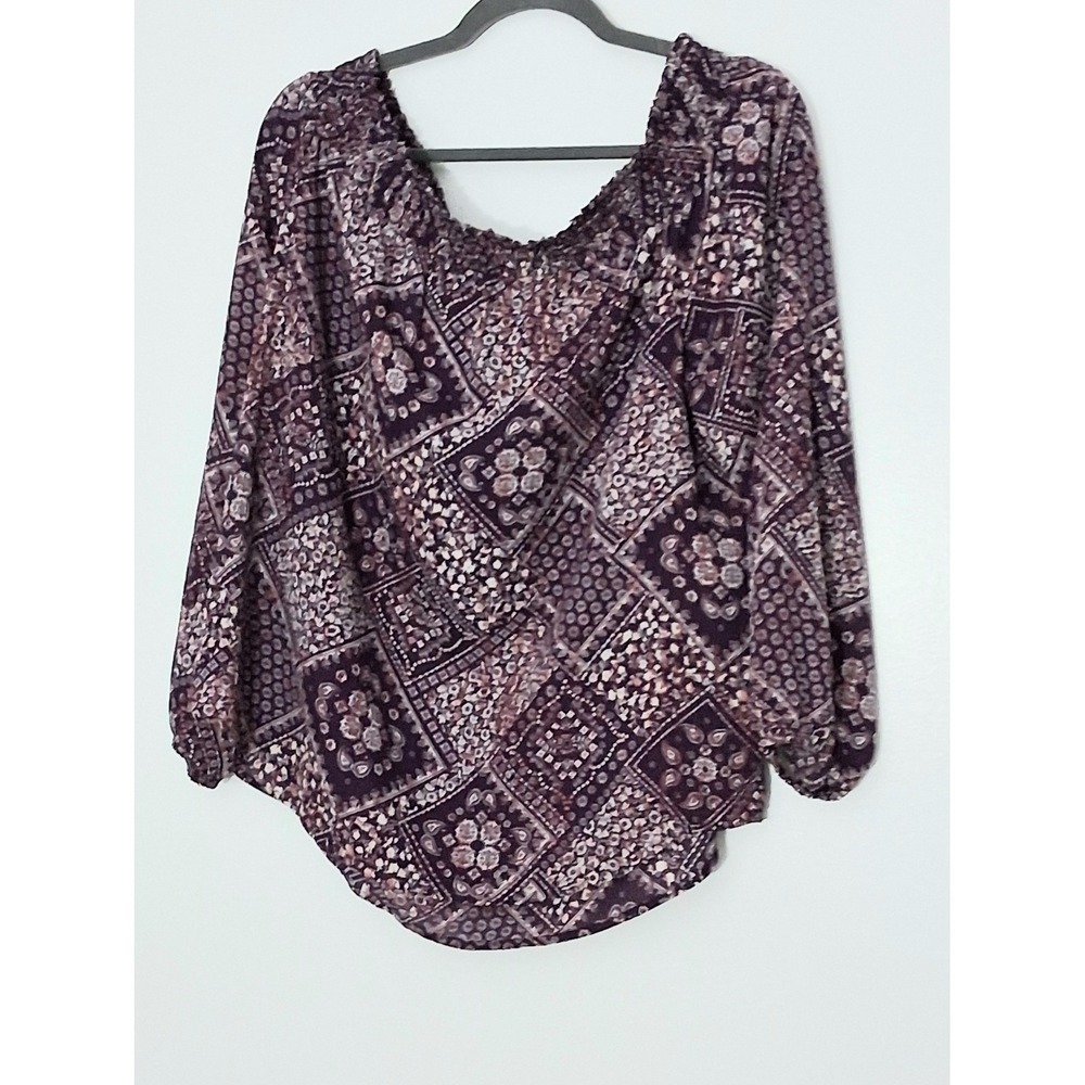 Lily White Blouse Size XL Purple Geometric Blouson Sleeves Off Shoulder Smocked